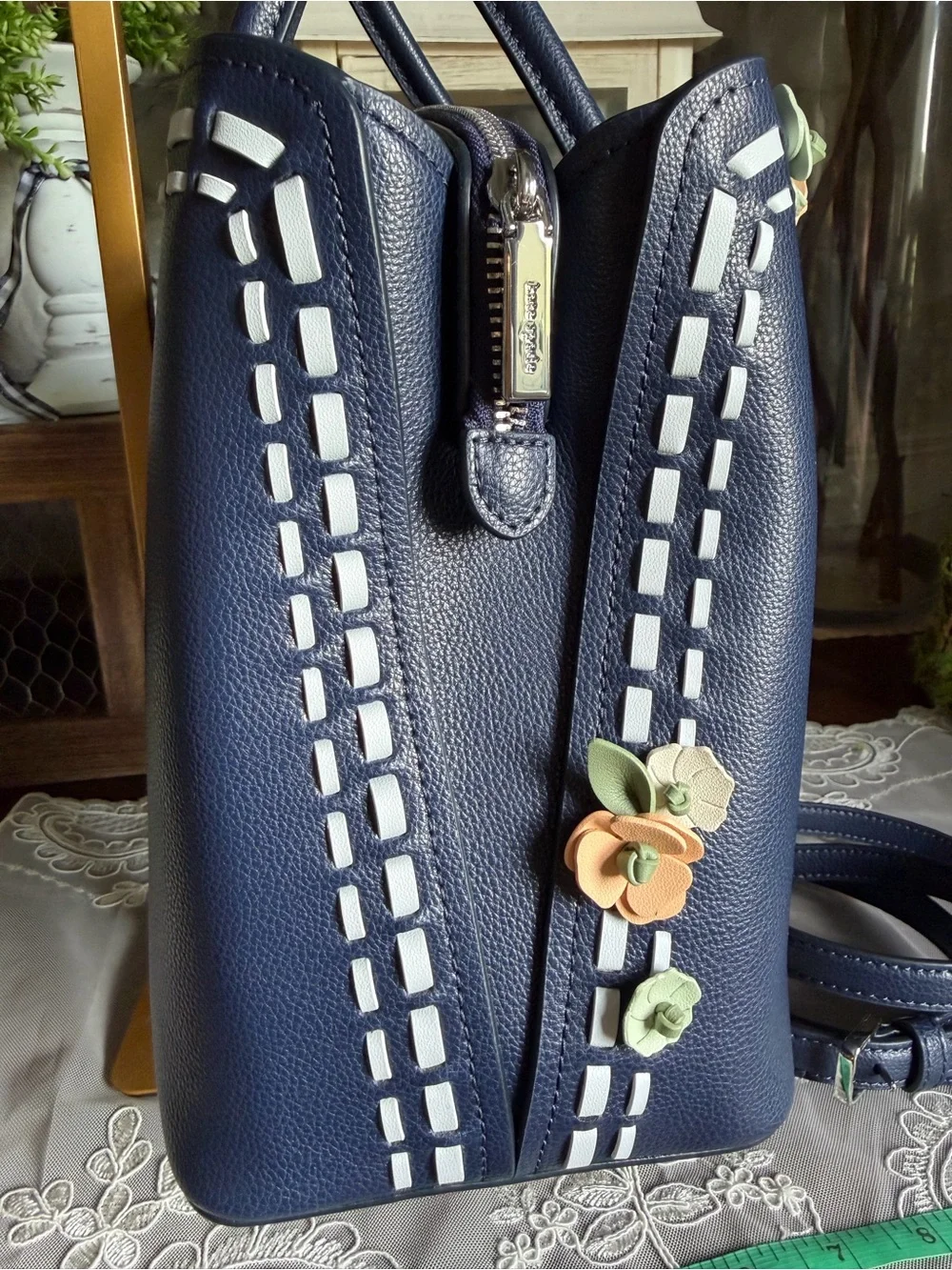 kate spade Thompson Navy Floral Appliqué Leather Satchel with Pastel Flowers